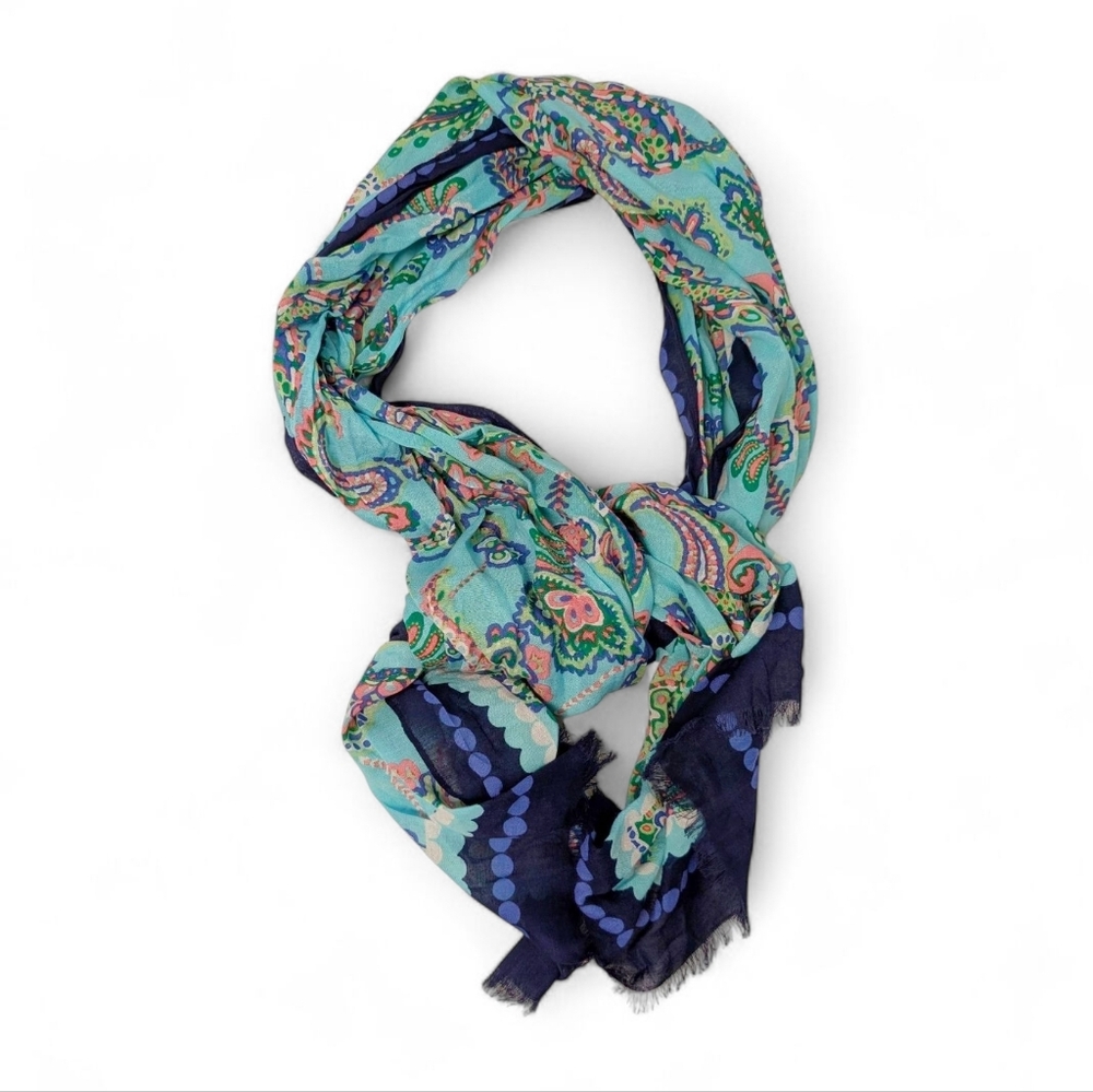 TALBOTS Colorful Oblong Floral Scarf Navy Blue Aqua Green Coral Pink 72x27 New - Picture 3 of 12